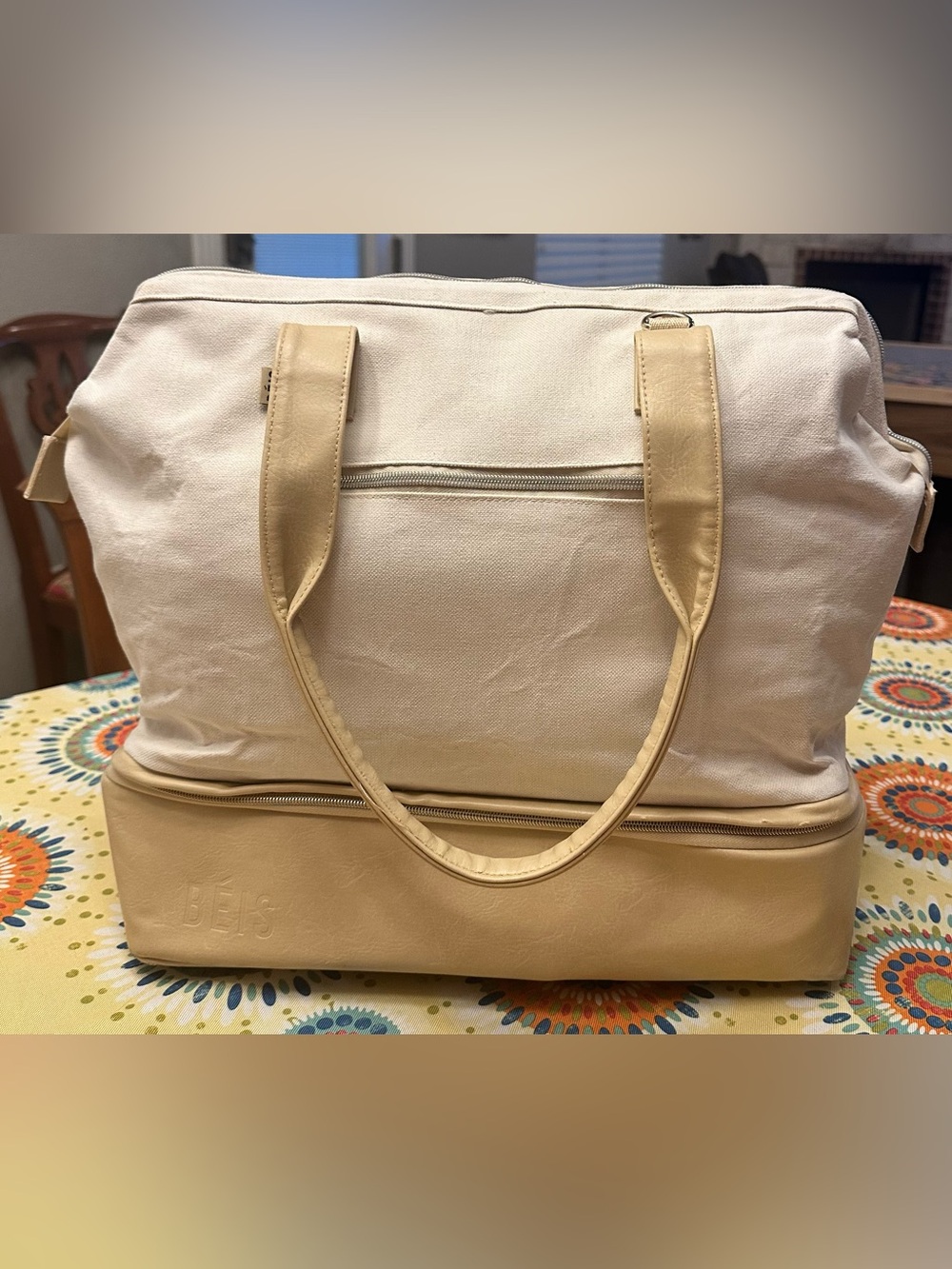 BEIS Canvas and Faux Leather Two-Tone Tote Bag in Cream and Tan